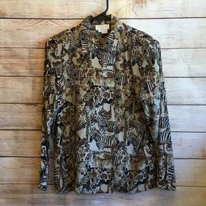 VINTAGE DONCASTER SILKS ANIMAL‎ PRINT BLOUSE IN CREAM AND BROWN